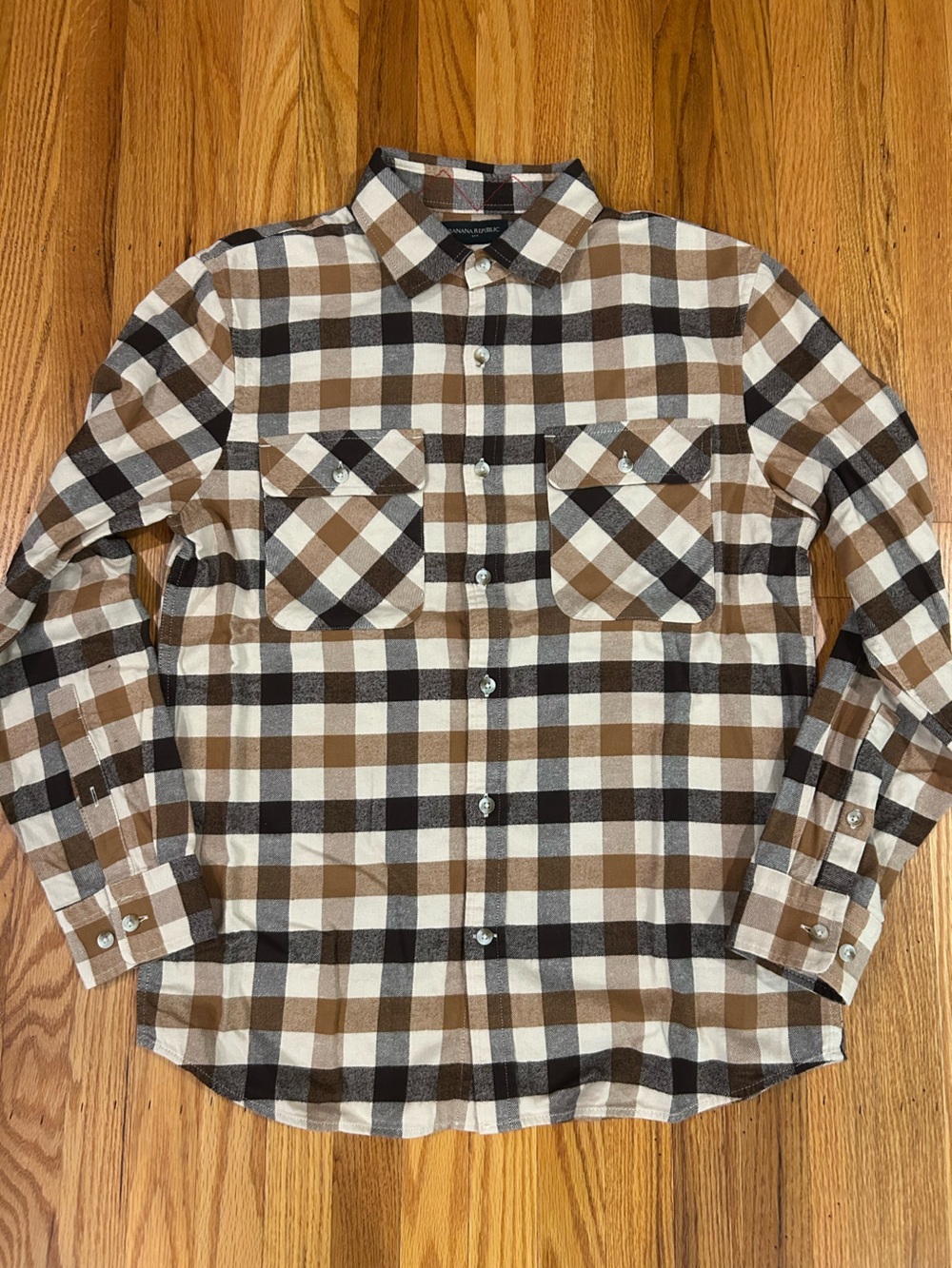 Banana Republic Men’s Plaid Button-Down Flannel Shirt Brown, Tan, Cream - SIZE M